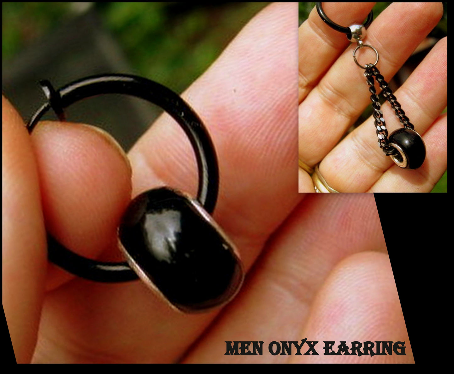 Men Earring ONYX, donut, Dangle Hoop/ clip on black, Handmade earring men women gift