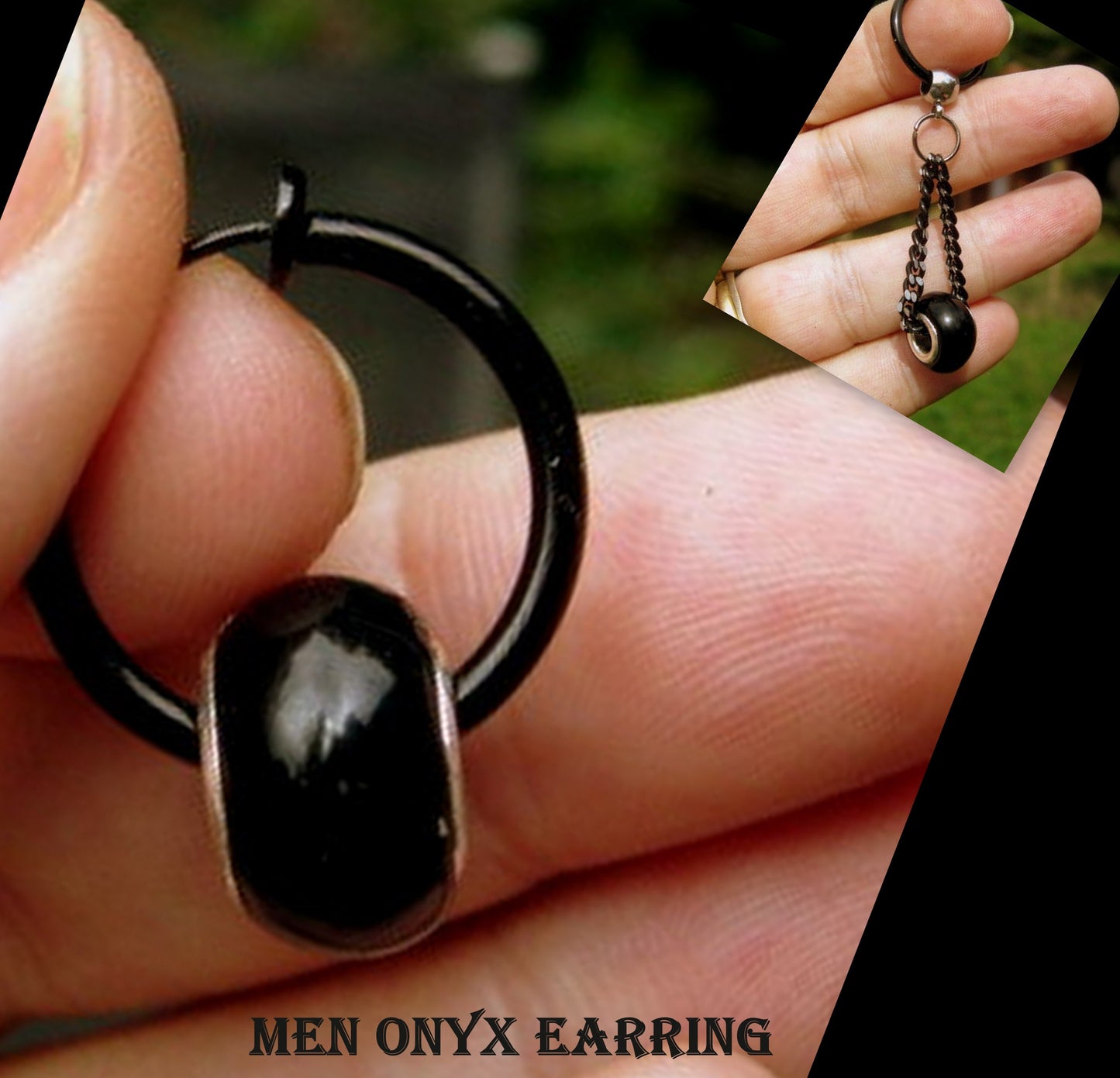 Men Earring ONYX, donut, Dangle Hoop/ clip on black, Handmade earring men women gift