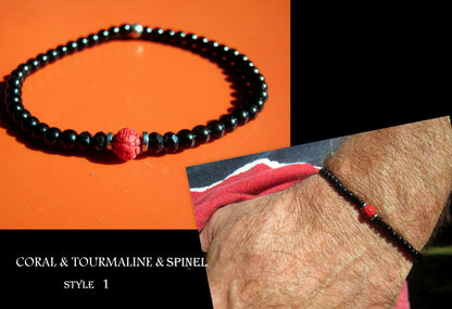 Men bracelet tiny gemstones-Coral Tourmaline Onyx Spinel black Diamonds, silver st 925, protection mantra stone handmade slim bracelet men gift