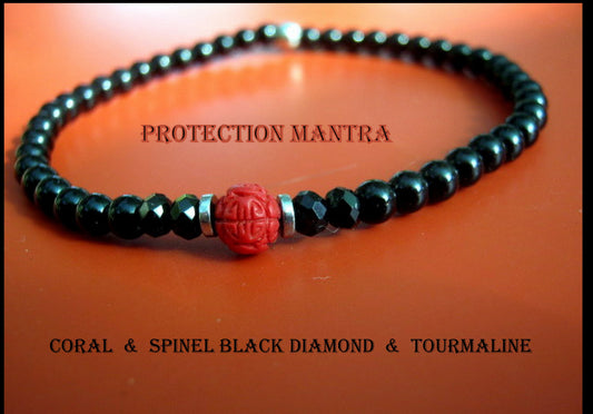 Men bracelet tiny gemstones-Coral Tourmaline Onyx Spinel black Diamonds, silver st 925, protection mantra stone handmade slim bracelet men gift