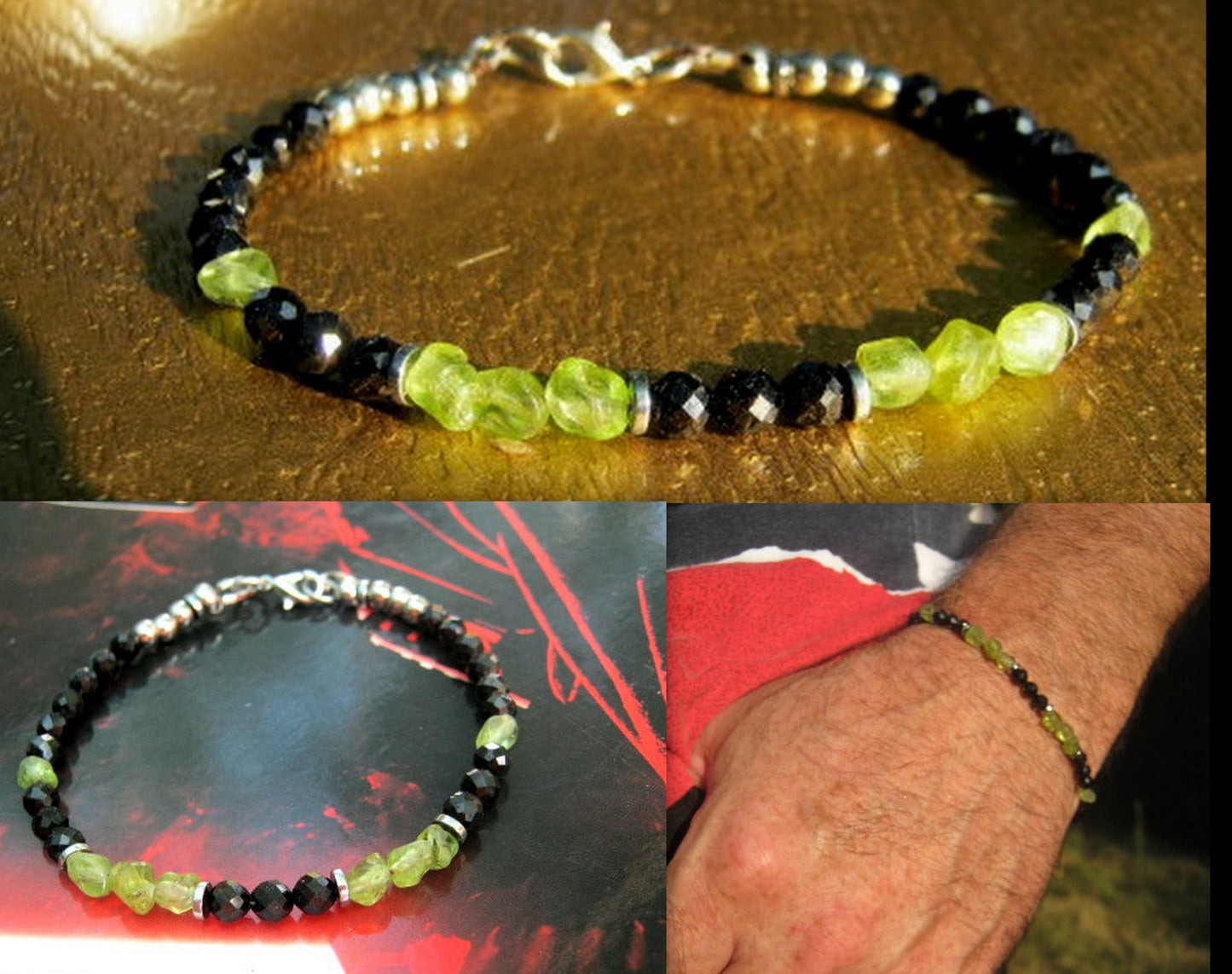 Men tiny raw PERIDOT green Black Diamond Spinel Tourmaline bracelet, protection precious stone Handmade slim bracelet men gift