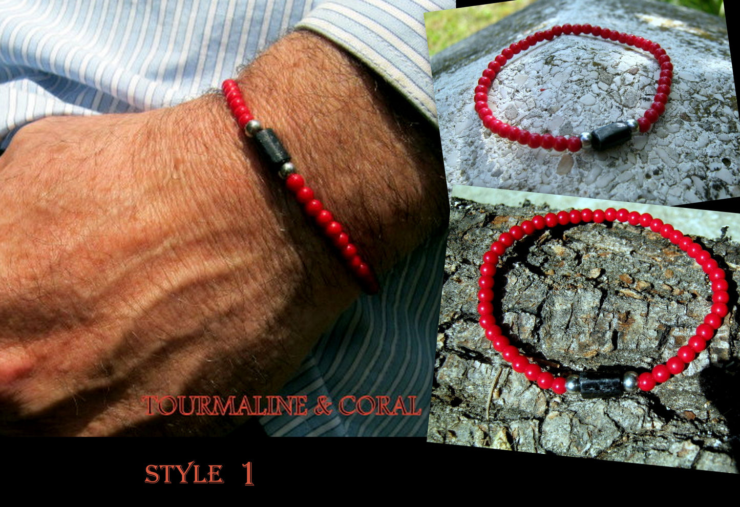 Men bracelet tiny gemstones-Coral Tourmaline Onyx Spinel black Diamonds, silver st 925, protection mantra stone handmade slim bracelet men gift