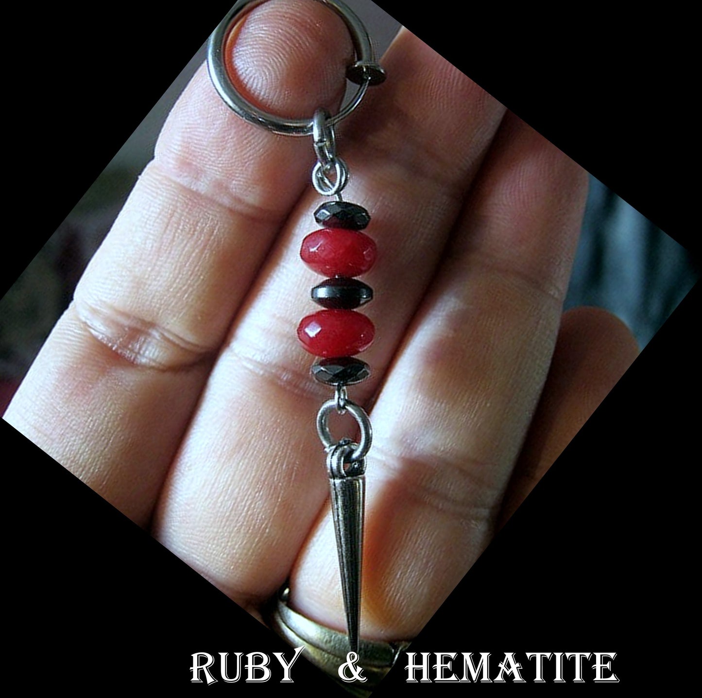 Men Earring RUBY & Hematite heishi stone, spike, Dangle Hoop/ clip on black, stone Handmade earring men gift