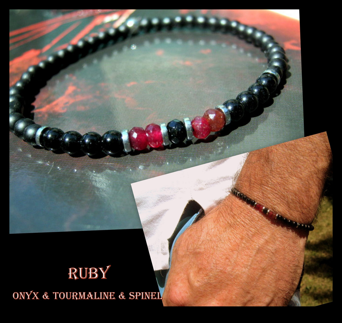 Men tiny RUBY Onyx Tourmaline Hematite Black Diamond Spinel bracelet, protection precious stone handmade slim bracelet men gift