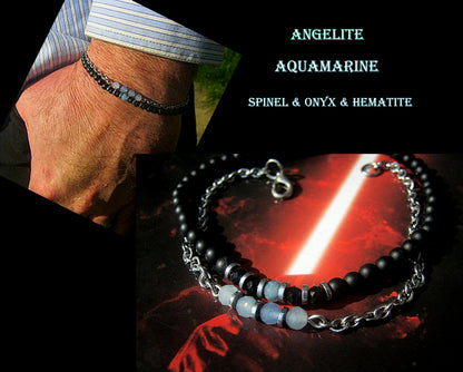 Men tiny Angelite AQUAMARINE Onyx Tourmaline Black Diamond Spinel Hematite bracelet, protection precious stone handmade slim bracelet men gift