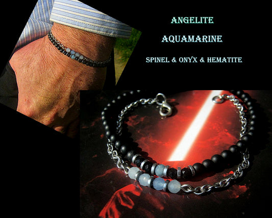 Men SET bracelets tiny Angelite AQUAMARINE Onyx Black Diamond Spinel Hematite bracelet,stainless steel, protection precious stone handmade slim bracelet men gift