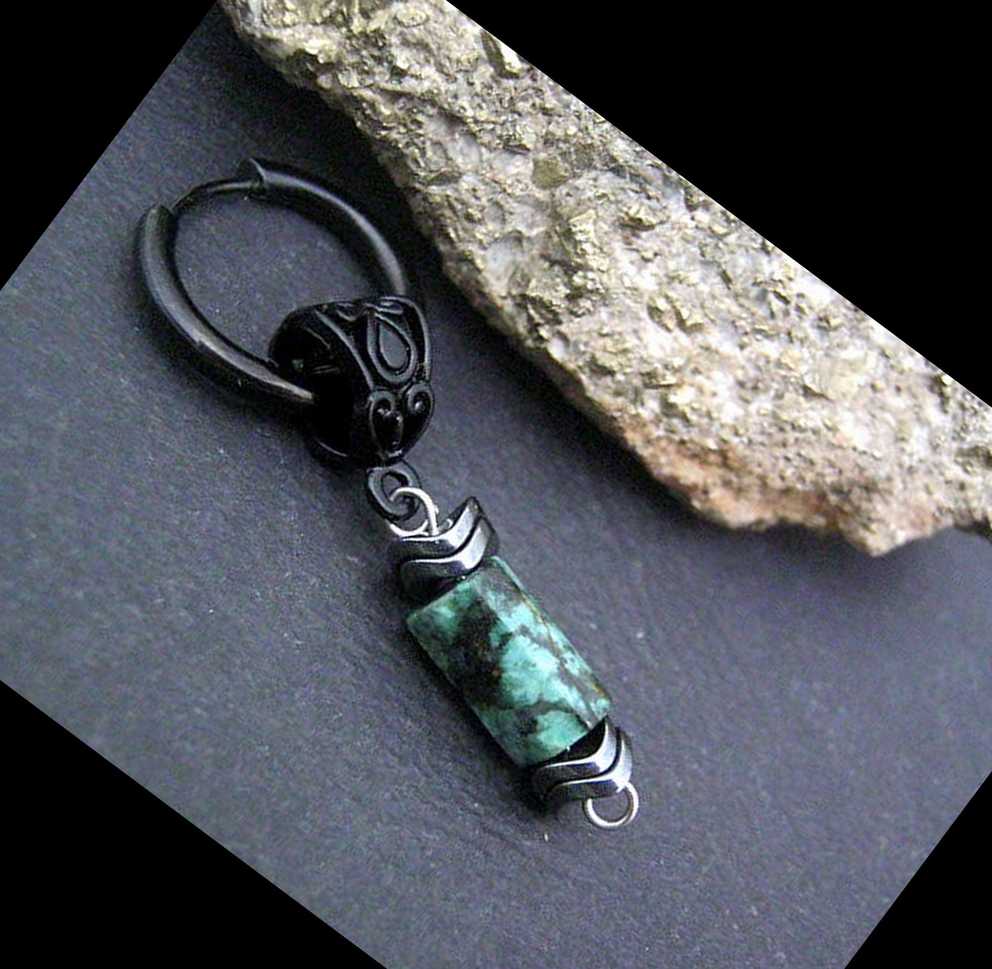 CAMELYS MAGIC 4 MEN - Men Earring African turquoise & Hematite stone Dangle Hoop/ clip on, Handmade earring men gift